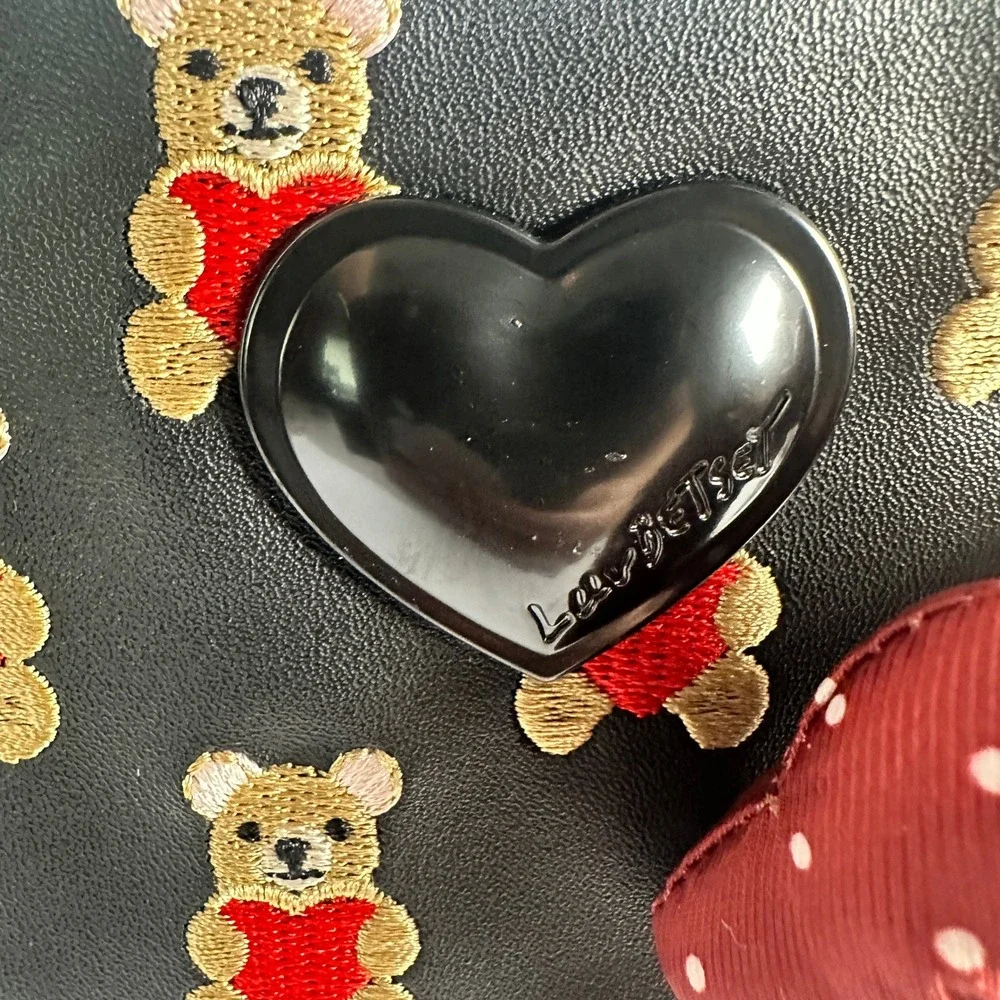 Betsey Johnson Tote Bag Women Black Embroidered Teddy Bear Heart Crossbody